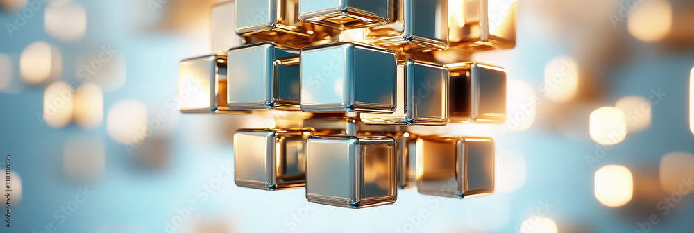 In this mesmerizing composition, a giant cube emerges from the void, constructed from hundreds of interlocking smaller cubes, glowing with a radiant light In this mesmerizing composition, a giant cube emerges from the void, constructed from hundreds of interlocking smaller cubes, glowing with a radiant light