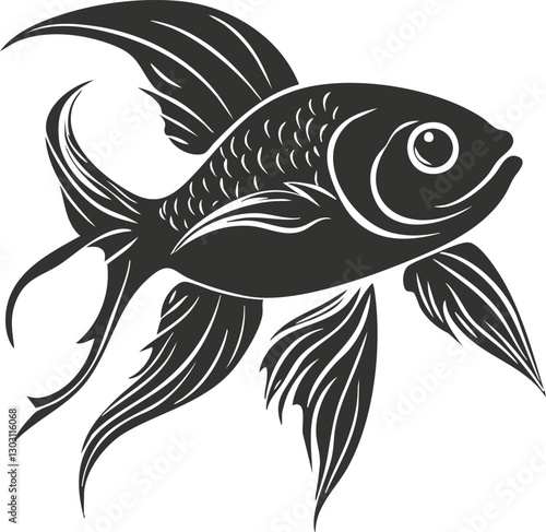 Stylized black and white illustration of a goldfish with ornamental fins.