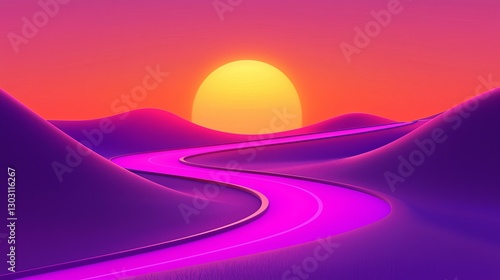 Vibrant sunset road journey serene landscape digital art colorful environment scenic view abstract concept