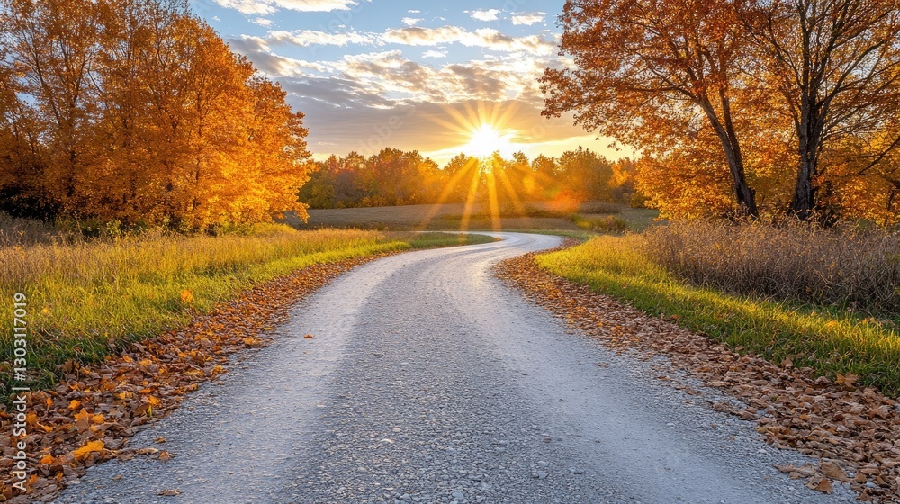 Fototapeta premium Autumn sunset over winding country road