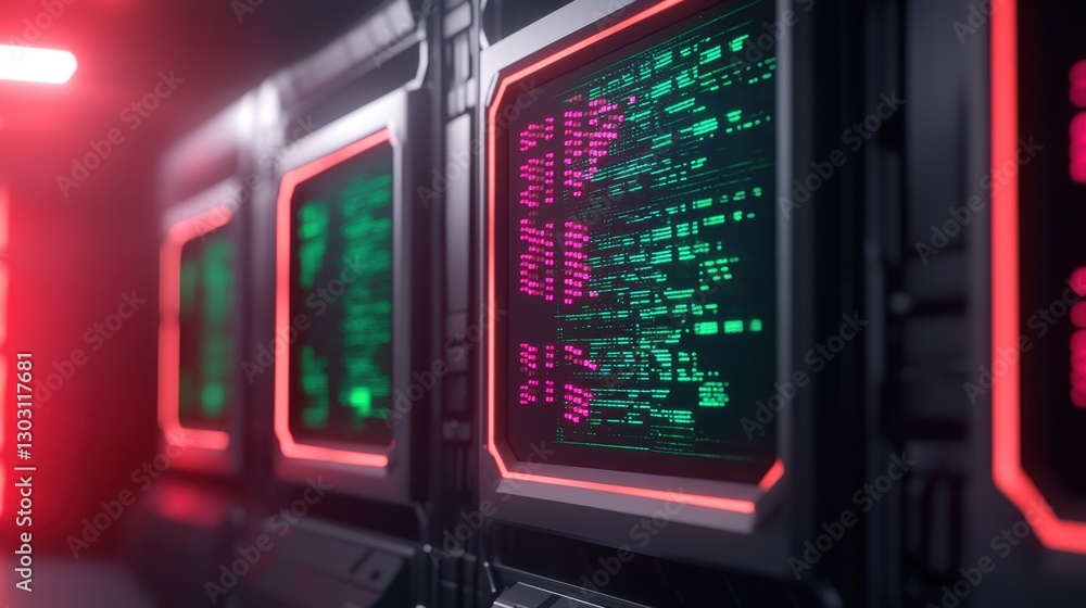 A futuristic environment showcasing illuminated computer screens displaying code, emphasizing technology and digital complexity. A futuristic environment showcasing illuminated computer screens displaying code, emphasizing technology and digital complexity.