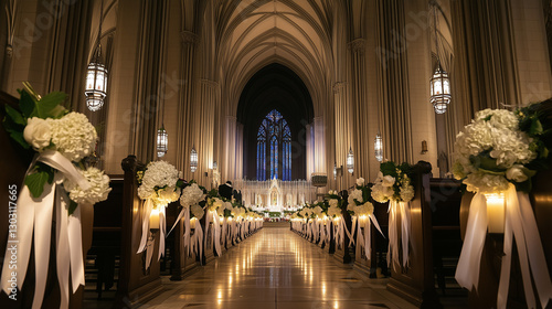 Elegant wedding ceremony and reception with floral decor inside church