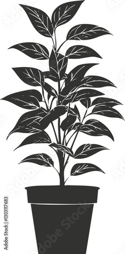 Silhouette of a potted plant with detailed leaves in black and white.