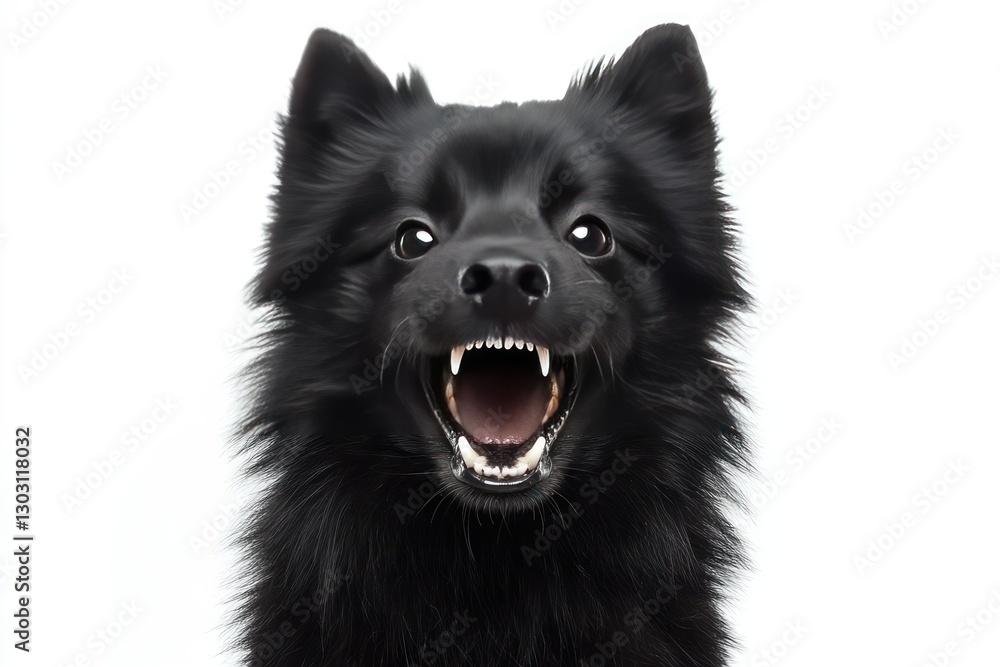 Black Dog with a Fierce Expression Against a White Background Showing Teeth and Playfulness Black Dog with a Fierce Expression Against a White Background Showing Teeth and Playfulness