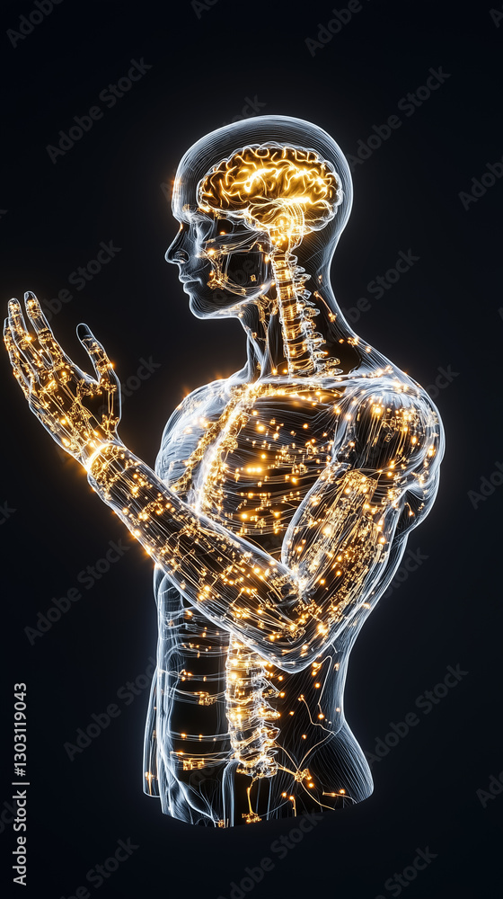 A remarkable hologram depicts the human form, showcasing intricate internal structures. Luminous lines represent vital systems, highlighting the brain and nervous pathways in stunning detail A remarkable hologram depicts the human form, showcasing intricate internal structures. Luminous lines represent vital systems, highlighting the brain and nervous pathways in stunning detail