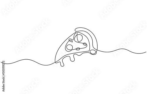 One line Drawing or illustration of slice of pizza with pepperoni and mushrooms, Continuous Line Illustration, Pizza continuous one line drawing vector illustration, Continuous single one.