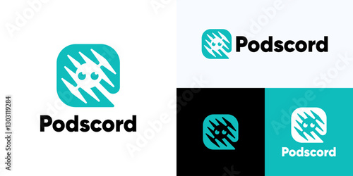 Podcast logo icon design, Cartoon face with two protruding eyes combined with sound wave or equalizer icon, Cartoon character face with plus symbol or spectrum icon.