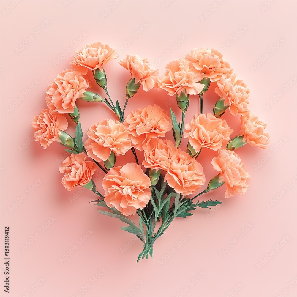 Bouquet of Carnations in Heart Shape on Pastel Pink Background, Delicate Orange Petals, Green Leaves, Romantic Atmosphere, Floral Design Bouquet of Carnations in Heart Shape on Pastel Pink Background, Delicate Orange Petals, Green Leaves, Romantic Atmosphere, Floral Design