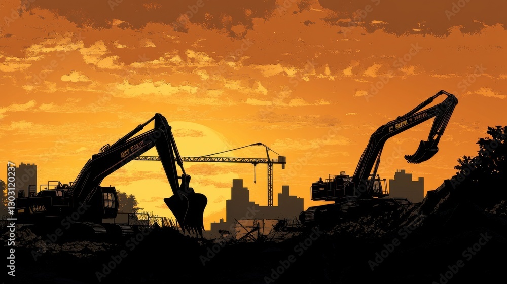 Excavators at Work during Sunset with Construction Crane Background Excavators at Work during Sunset with Construction Crane Background