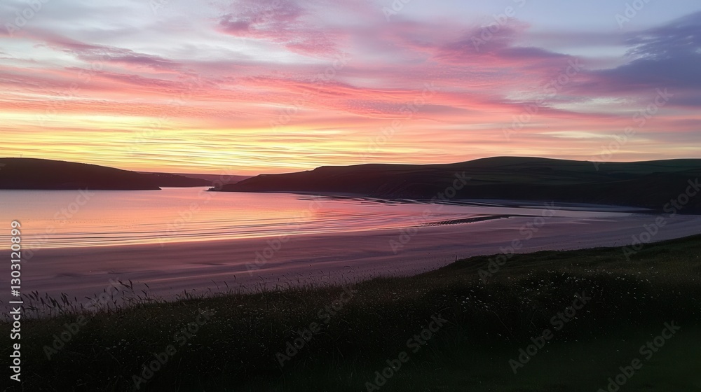 Serene Sunset over Coastal Bay Tranquil Beach Scene at Dusk Serene Sunset over Coastal Bay Tranquil Beach Scene at Dusk