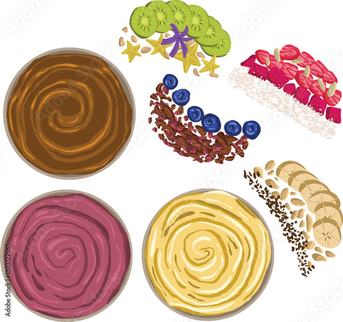 vector illustration of smoothies bowl with different flavors and separated topping contains fruits