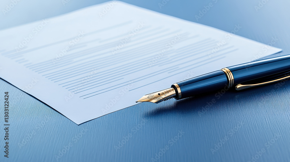 close up of fountain pen resting on blue document, symbolizing agreement close up of fountain pen resting on blue document, symbolizing agreement