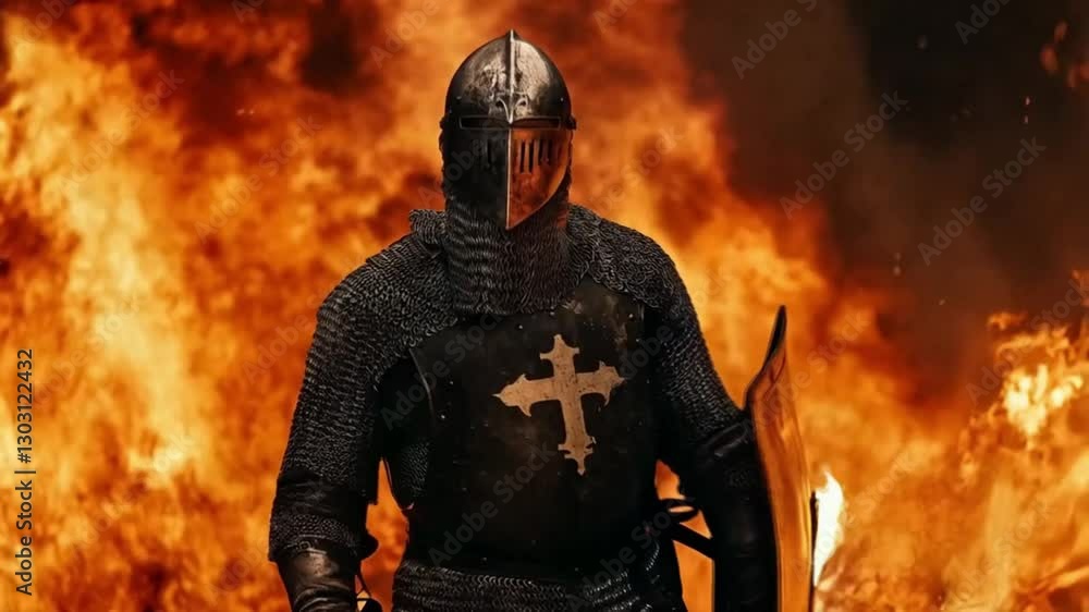 a medieval ight on a fiery background, smooth repeating motion for background video animation
