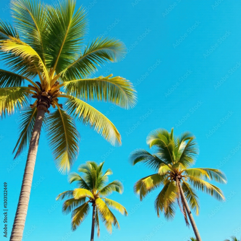 Sun-drenched coconut palms sway gently against a vibrant blue sky , nature scene, vegetation Sun-drenched coconut palms sway gently against a vibrant blue sky , nature scene, vegetation