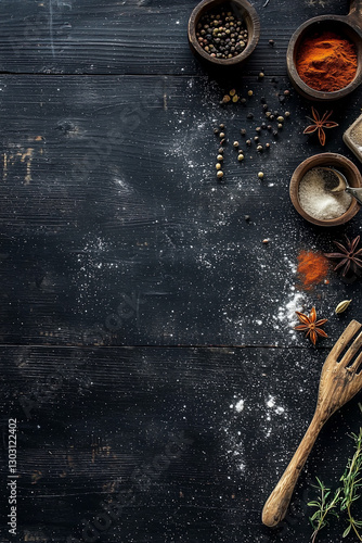 Kitchen Vintage Banner Background with Food, Spices, and Herbs on Black Rustic Background
