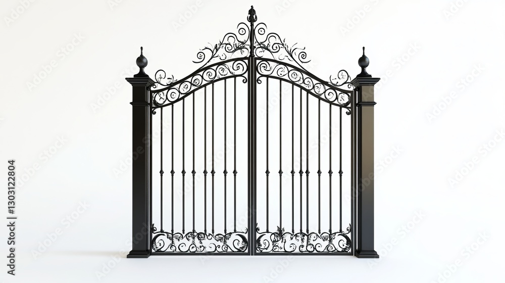A black iron door accompanied by matching gates, designed for yard fencing. A black iron door accompanied by matching gates, designed for yard fencing.