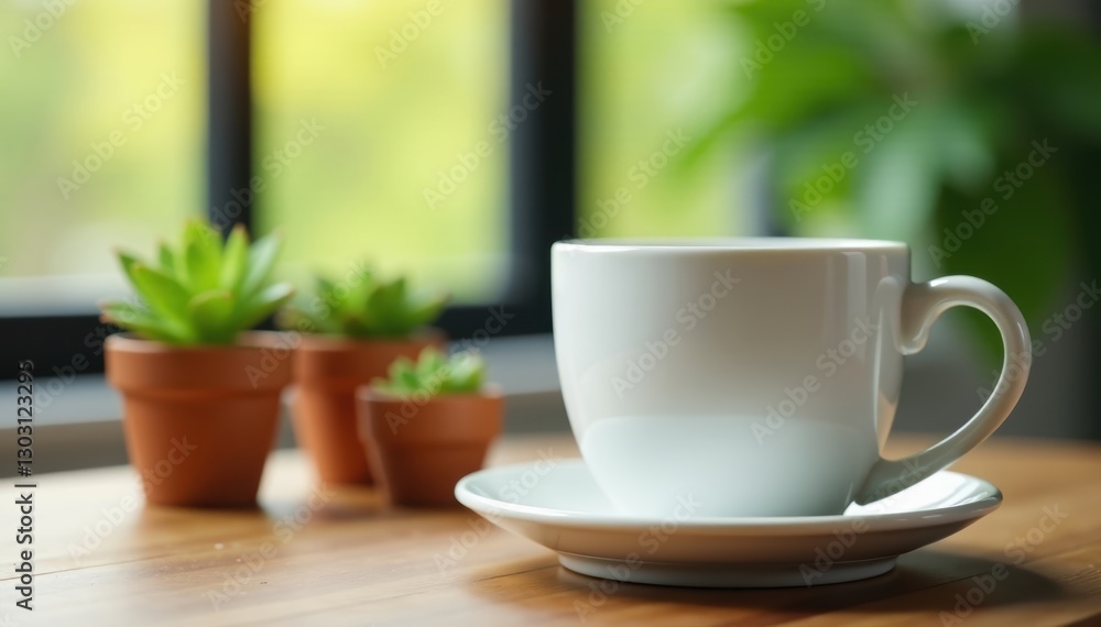 White coffee mug, tiny potted plants, wooden surface , leaf, detail, potted White coffee mug, tiny potted plants, wooden surface , leaf, detail, potted
