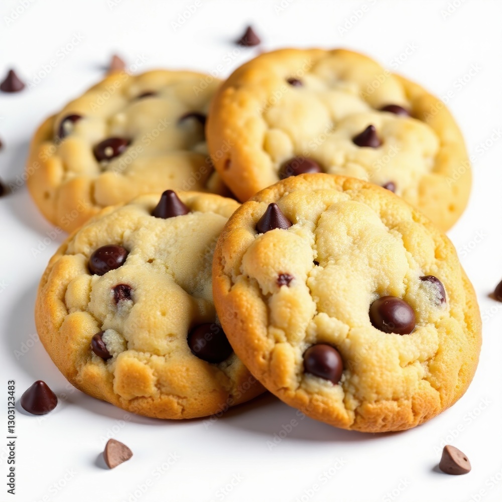 Partial chocolate chip cookies, scattered on white , high angle, confectionery, food photography Partial chocolate chip cookies, scattered on white , high angle, confectionery, food photography