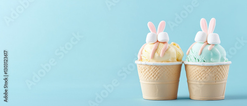 Easter Ice cream. Colorful ice cream cones topped with bunny ears on a blue background.