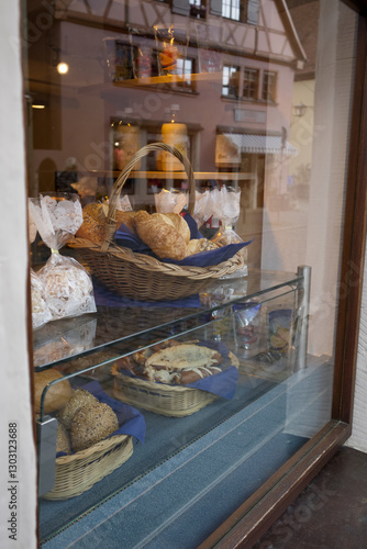Cozy bakery window with fresh baked goods