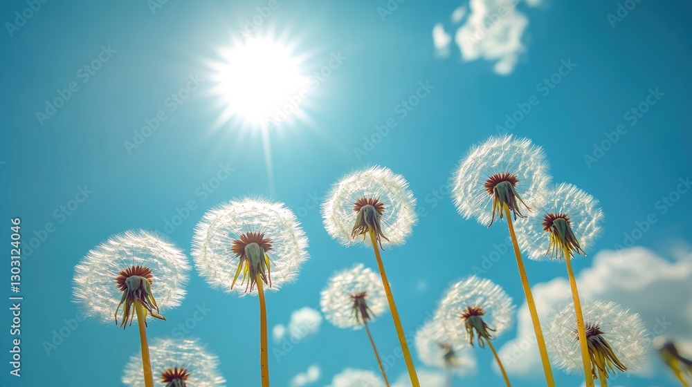 Dandelions seeds blowing in summer sun Dandelions seeds blowing in summer sun