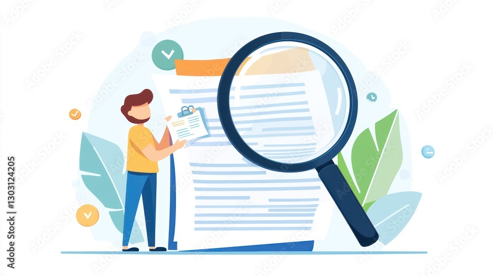 Man Examining Document with Magnifying Glass in Bright Workspace Man Examining Document with Magnifying Glass in Bright Workspace