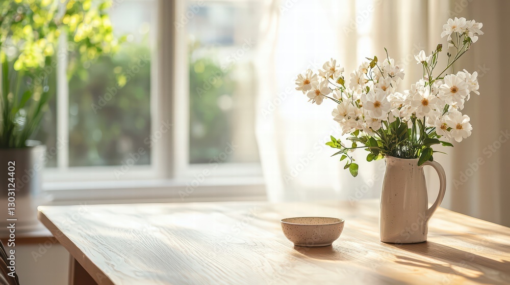 Still Life: A vase of delicate white flowers graces a wooden table near a sunlit window, casting soft shadows and creating a sense of serenity. Still Life: A vase of delicate white flowers graces a wooden table near a sunlit window, casting soft shadows and creating a sense of serenity.