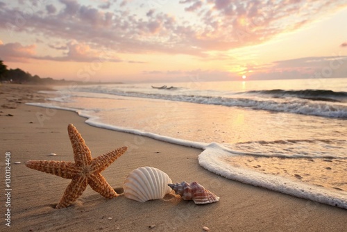 A serene beach scene at sunrise adorned with a starfish and seashell on sandy shore accompanied by calm waves and anticipation of an idyllic summer vacation 