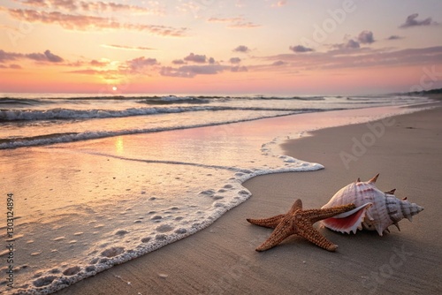 A serene beach scene at sunrise adorned with a starfish and seashell on sandy shore accompanied by calm waves and anticipation of an idyllic summer vacation 