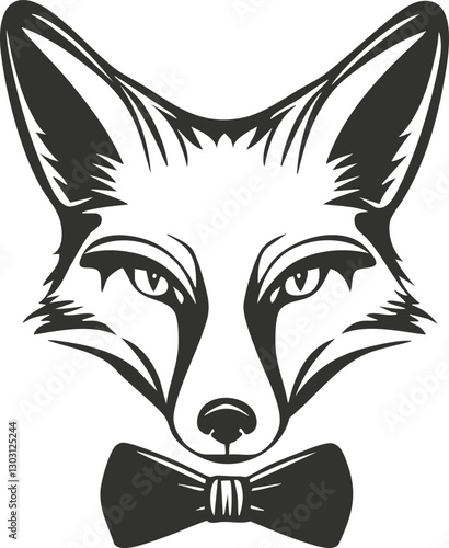 Stylish fox head illustration with bowtie in monochrome design.
