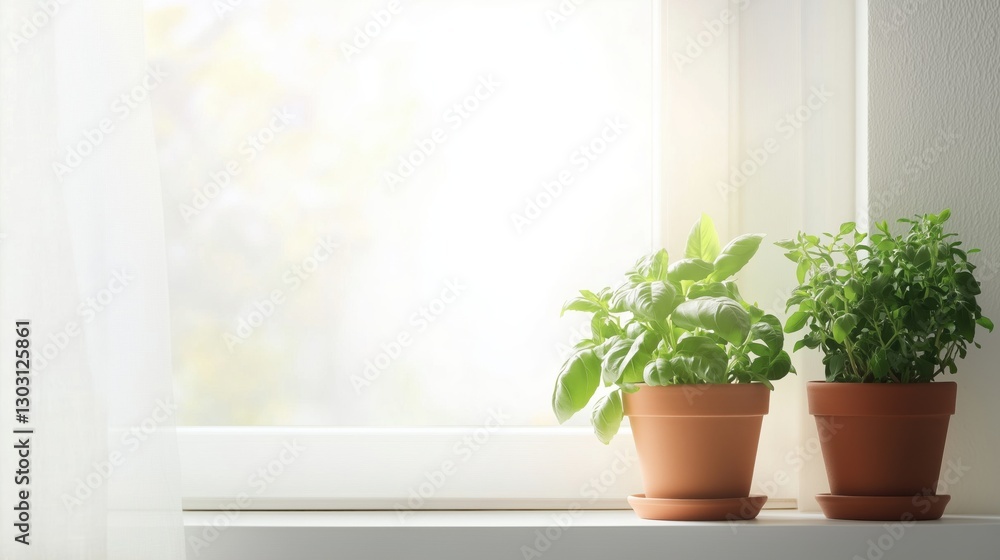 Two potted basil plants on a windowsill bathed in soft sunlight Two potted basil plants on a windowsill bathed in soft sunlight