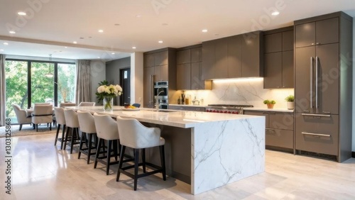 A large, contemporary kitchen featuring an island with marble accents, sleek cabinetry, and recessed lighting, offering a blend of luxury and modern design aesthetics