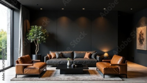 A sleek luxury living room with a matte black textured wall, ornamental olive trees in metal planters, a glass coffee table, leather seats, and recessed lighting creating a warm, modern ambiance