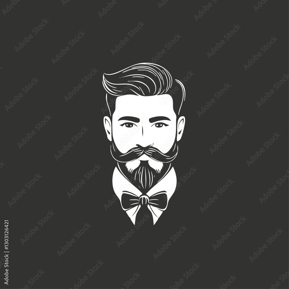 Monochrome illustration of a bearded man with a vintage hairstyle and bowtie. Monochrome illustration of a bearded man with a vintage hairstyle and bowtie.