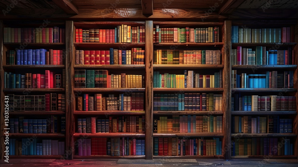 A well stocked bookshelf filled with many colorful books A well stocked bookshelf filled with many colorful books