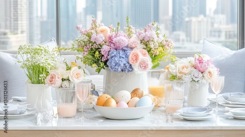 Beautifully arranged brunch table showcasing pastel flowers, decorated eggs, and elegant tableware against a city skyline backdrop