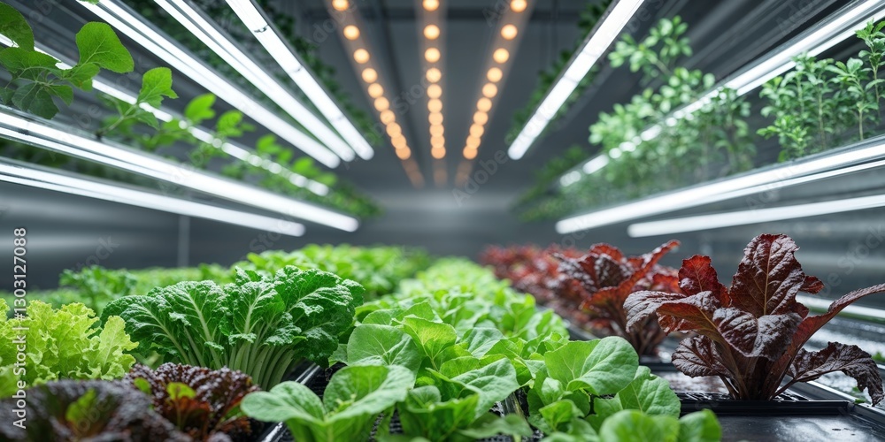 Obraz premium Indoor hydroponic farm with various types of lettuce growing under artificial lights