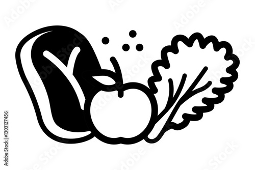 vector icon featuring a steak an apple and leafy greens symbolizing a balanced diet nutrition or healthy eating.