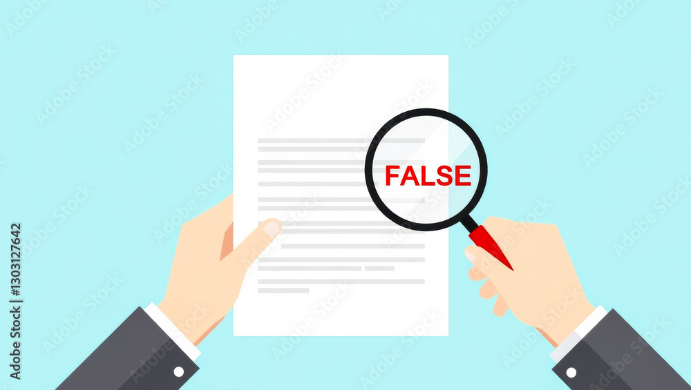 hands examining a document with a magnifying glass revealing the word \false\ hands examining a document with a magnifying glass revealing the word \false\