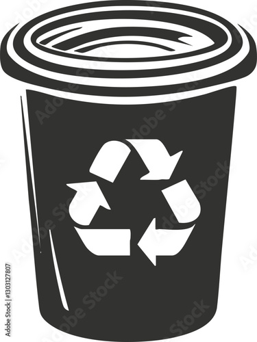 Black and white recycling bin icon with circular arrows symbol.