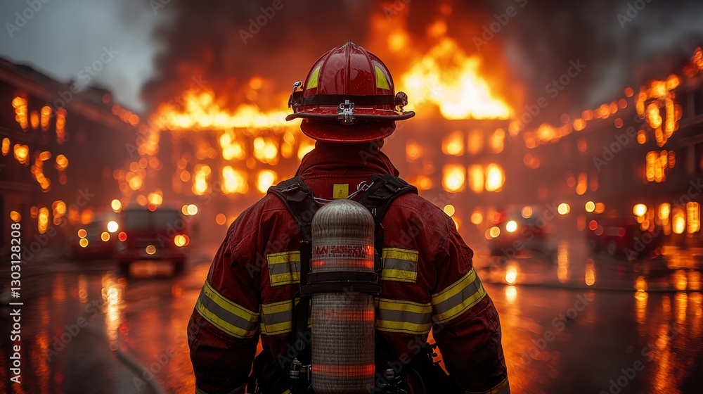 Firefighter battling large building fire at night. Firefighter battling large building fire at night.