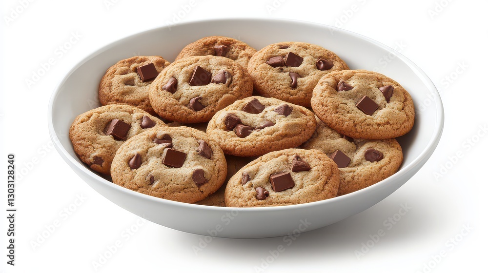 Ultra-detailed close-up of a bowl of chocolate chip cookies, freshly baked, golden-brown edges, rich chocolate chunks, soft shadows, white backdrop. Ultra-detailed close-up of a bowl of chocolate chip cookies, freshly baked, golden-brown edges, rich chocolate chunks, soft shadows, white backdrop.