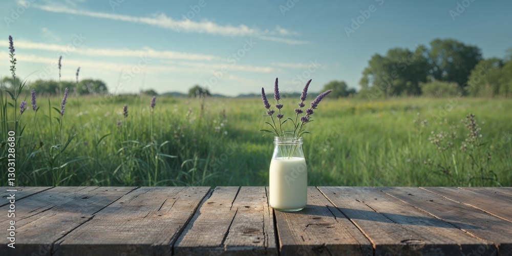 Fresh Milk and Lavender Arrangement on Rustic Wooden Table in Nature Setting. Fresh Milk and Lavender Arrangement on Rustic Wooden Table in Nature Setting.