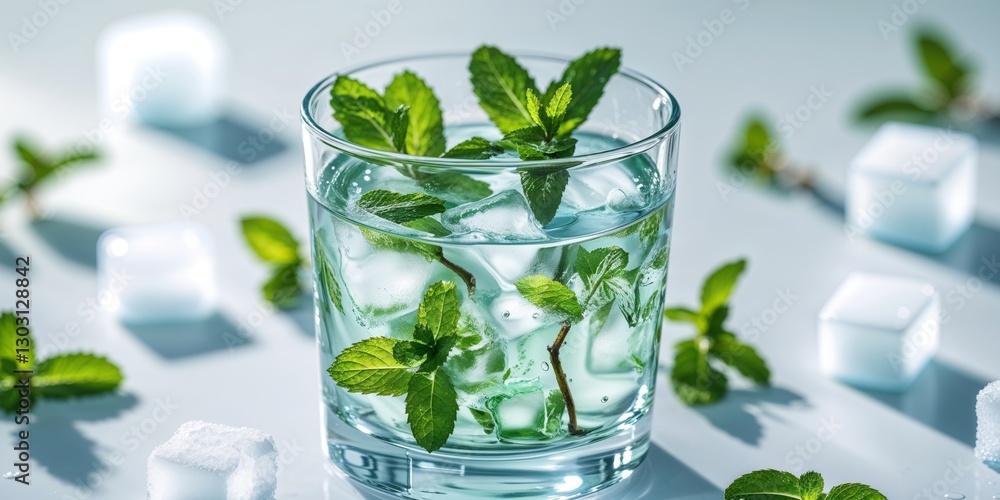 Refreshing Water with Mint and Ice in a Glass Refreshing Water with Mint and Ice in a Glass