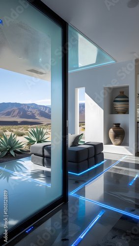 Walking barefoot across the polished basalt floors, subtle motion-activated blue light strips illuminate pathways, enhancing both function and ambiance.