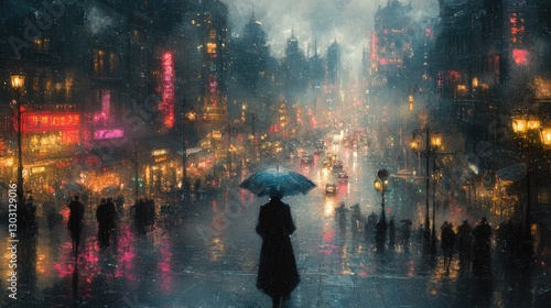 Rainy Night Cityscape, Man Under Umbrella, Urban Scene, Stock Photo