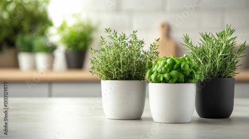 Fresh basil and thyme in ceramic pots, bright natural light, minimalist home decor