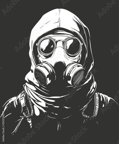 Monochrome illustration of a person in hoodie wearing a gas mask.