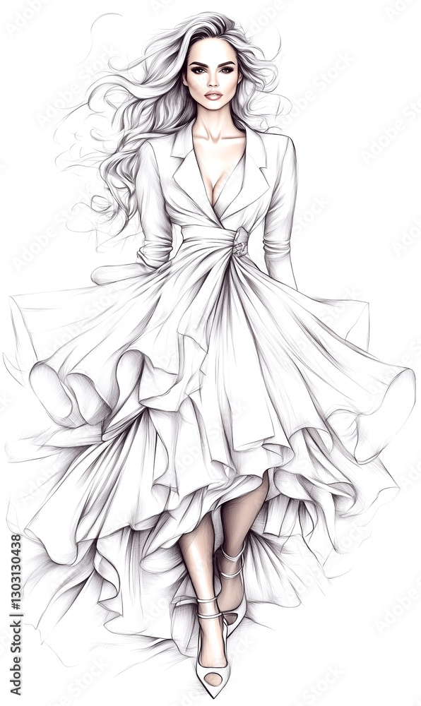 Fototapeta premium Woman in a white dress is walking down a runway. The dress is long and flowing, and the woman's hair is styled in a way that accentuates her beauty. Scene is elegant and sophisticated