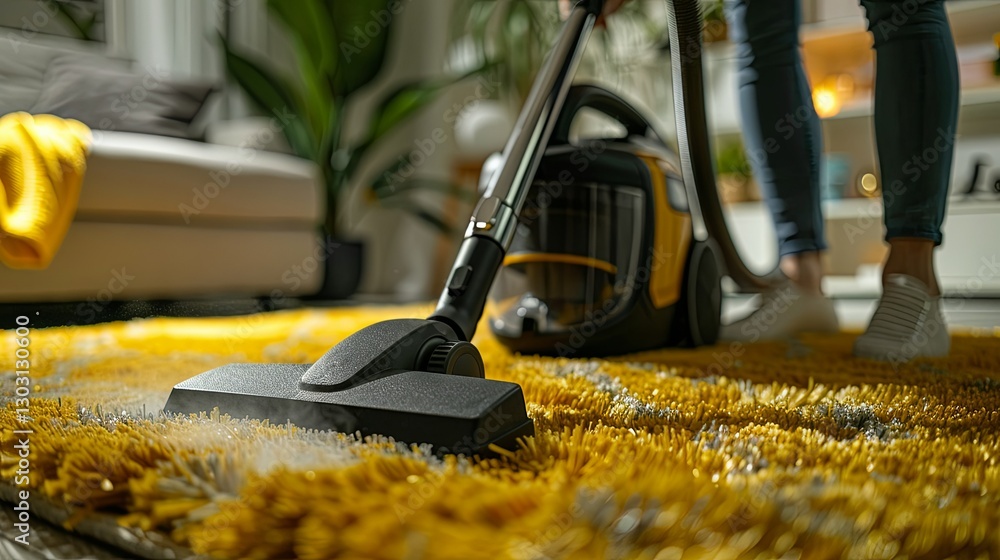 A person vacuuming a yellow carpet in a living room setting A person vacuuming a yellow carpet in a living room setting